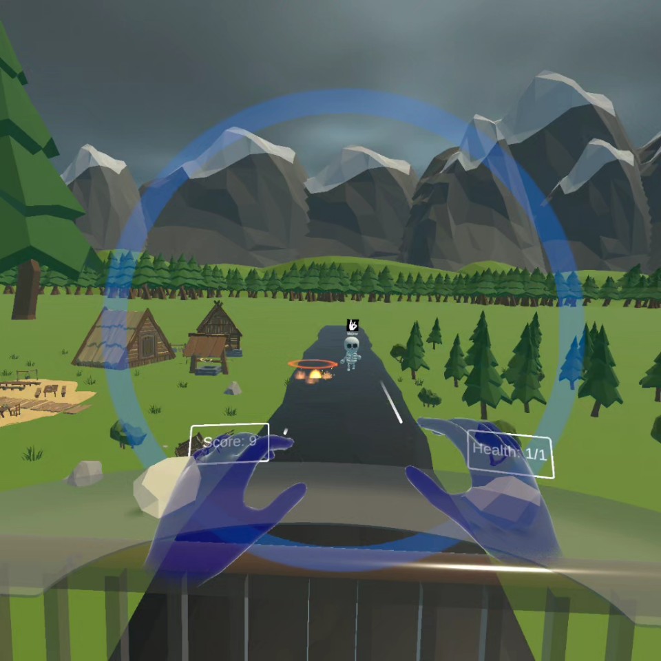 Capture d'écran du gameplay de MageMotion montrant le joueur lançant un sort sur des ennemis.